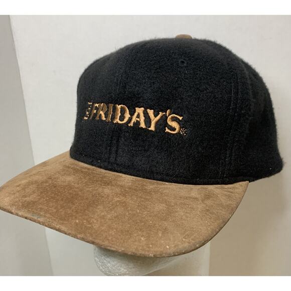 TGI Fridays Fleece Faux Suede Leather Strap Back Cap Black Brown Adjustable￼ GUC - Picture 1 of 10